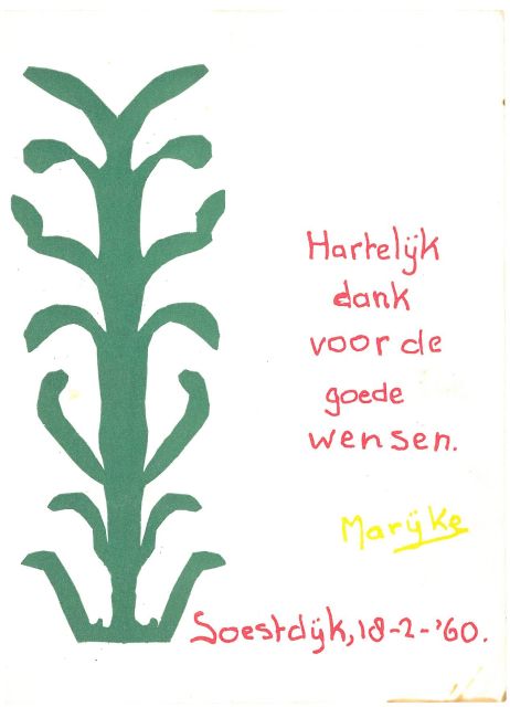 Prinses Christina van Oranje Nassau | Green Plant, green, red and yellow ink on paper (postcard), 14.5 x 10.5 cm, 'Soestdijk, 18-2-'60'