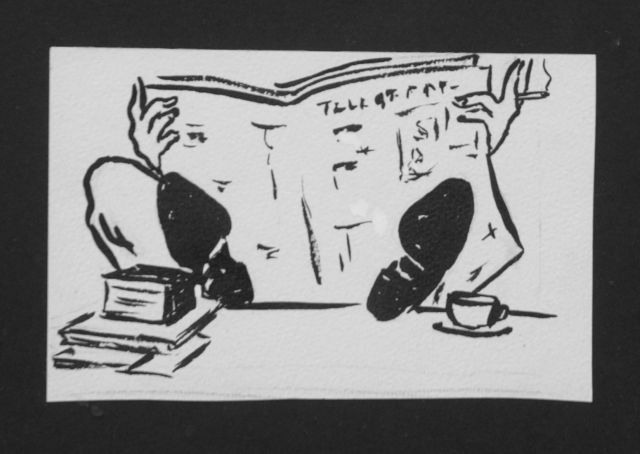 Oranje-Nassau (Prinses Beatrix) B.W.A. van | Student reading 'De Telegraaf', pencil and black ink on paper 8.5 x 13.0 cm, gesigneerd niet te koop; coll. Ouborg Group, Breda and executed August 1960