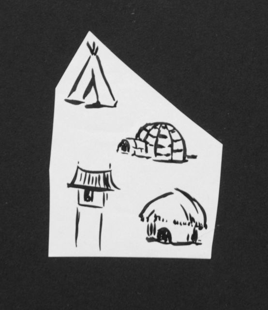 Prinses Beatrix van Oranje Nassau | Four huts, pencil and black ink on paper, 7.9 x 6.0 cm, executed August 1960