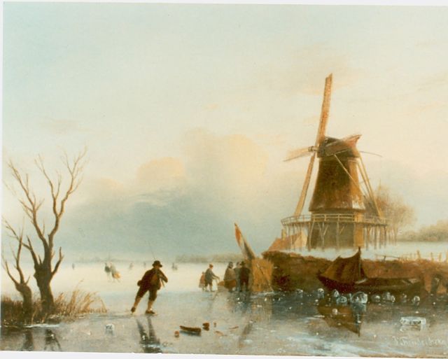 Jacobus Freudenberg | Skaters on the ice with a 'koek-en-zopie', oil on panel, 20.2 x 25.8 cm, signed l.r.