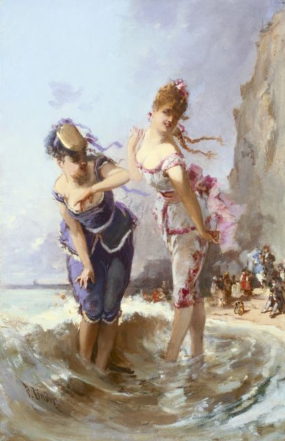 Linder P.J.  | 2 Girls in the surf, oil on canvas 46.0 x 30.0 cm, signed l.r.