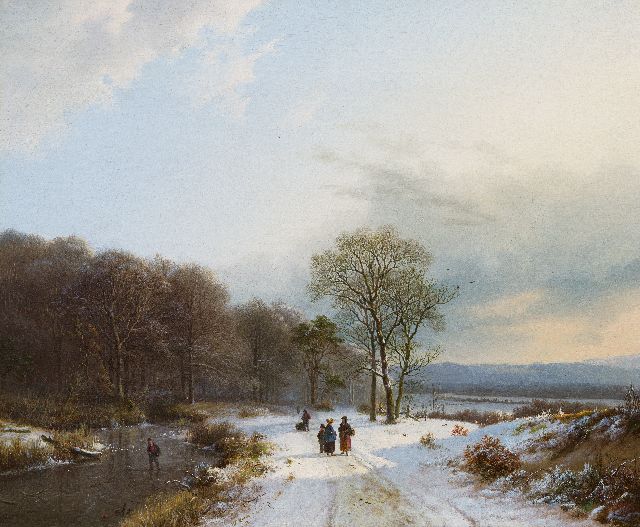 Barend Cornelis Koekkoek | Winterlandscape with figures in forest, oil on canvas, signed l.l. and dated 1833