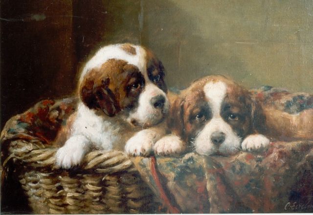 Otto Eerelman | Two St. Bernhard puppies in a basket, oil on canvas, 29.0 x 44.0 cm, signed l.r.