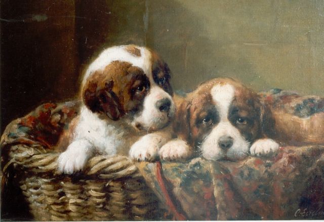 Eerelman O.  | Two St. Bernhard puppies in a basket, oil on canvas 29.0 x 44.0 cm, signed l.r.