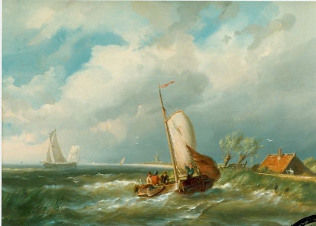 Pieter Cornelis  Dommershuijzen | Sailing boats in choppy waters, oil on canvas, 34.8 x 46.3 cm, signed l.l. and dated 1858