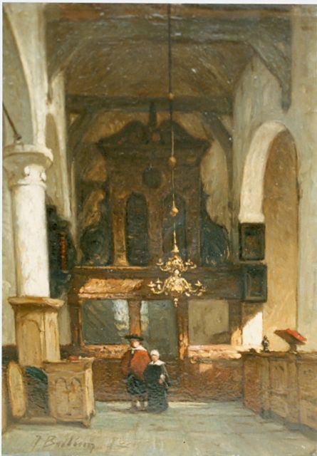 Johannes Bosboom | Church interior with figures, oil on panel, 24.0 x 17.0 cm, signed l.l.