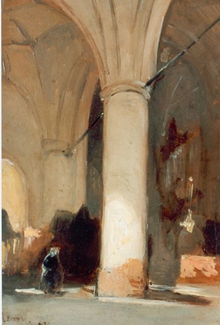 Bosboom J.  | Church interior, Hattem, oil on canvas laid down on panel 17.7 x 12.4 cm, signed l.l. and dated '57