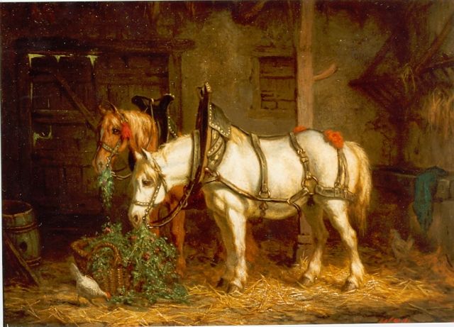 Boogaard W.J.  | A stable interior with horses, oil on panel 19.8 x 26.9 cm, signed l.r.