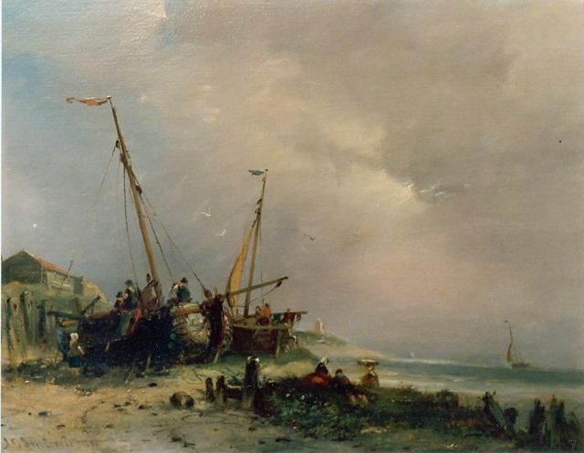 Hilleveld A.D.  | Fishermen and boats on the beach, oil on panel 25.0 x 32.0 cm, signed l.l. and dated 1881