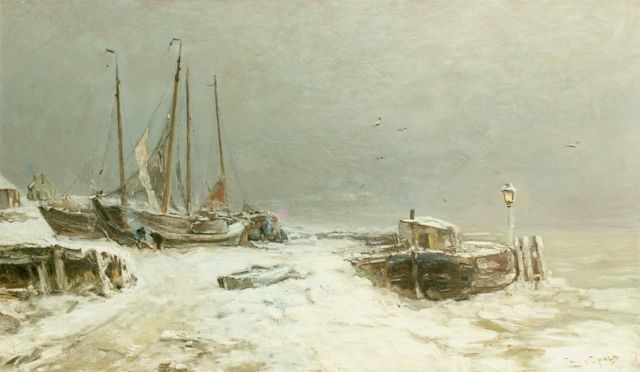 Louis Apol | Winter landscape with snow-covered boats, oil on canvas, 59.5 x 100.0 cm, signed l.r.