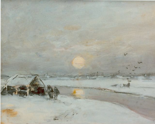 Louis Apol | Frozen canal at sunset, watercolour on paper, 16.5 x 21.0 cm, signed l.l.