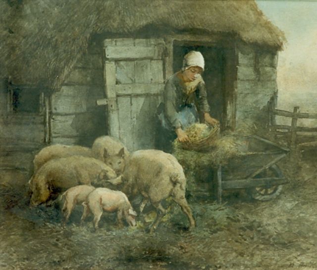 Johannes Marius ten Kate | Farmer's daughter at work, watercolour on paper, 31.6 x 38.9 cm, signed l.r.