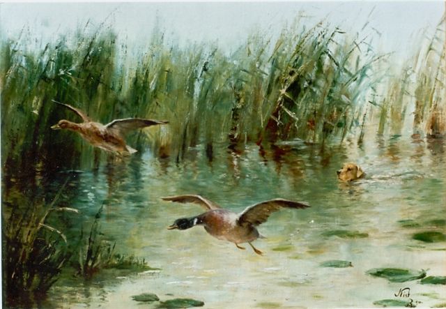 Richard Kiss | Duck hunting, oil on canvas laid down on panel, 55.0 x 75.0 cm, signed l.r. and dated '90