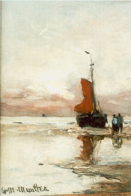 Munthe G.A.L.  | Fishing boat on the beach, oil on panel 16.0 x 12.3 cm, signed l.l.