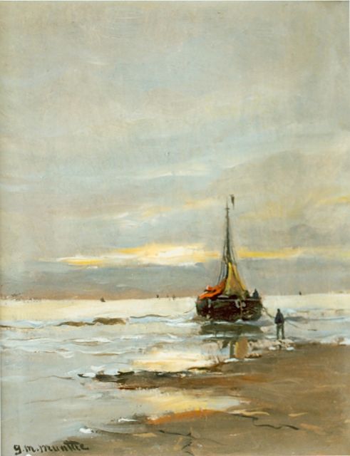 Munthe G.A.L.  | Barges and fishermen on the beach, oil on painter's board 20.4 x 15.4 cm, signed l.l.