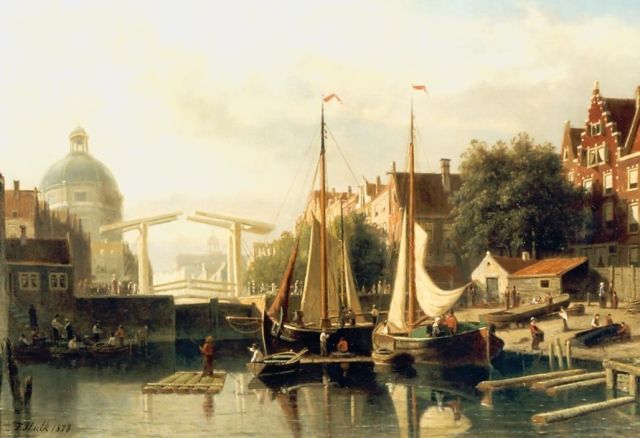 Johannes Frederik Hulk | Moored boats in a canal, Amsterdam, oil on canvas, 64.0 x 90.0 cm, signed l.l. and dated 1878