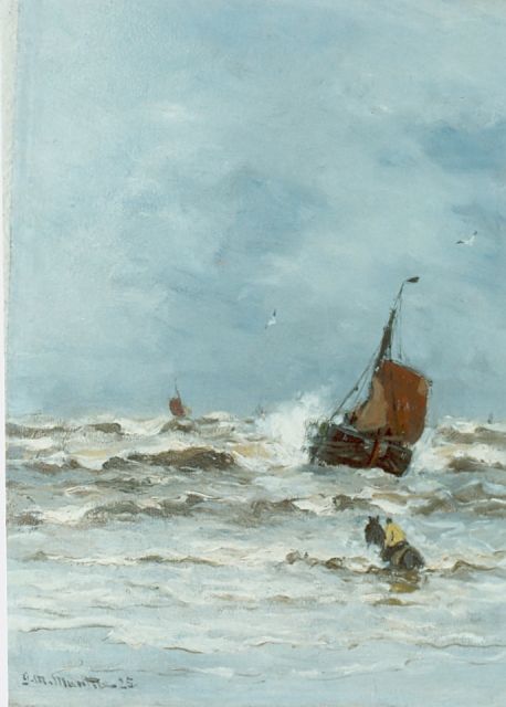 Morgenstjerne Munthe | Fishing boat in the surf, oil on panel, 34.5 x 26.2 cm, signed l.l. and dated '25