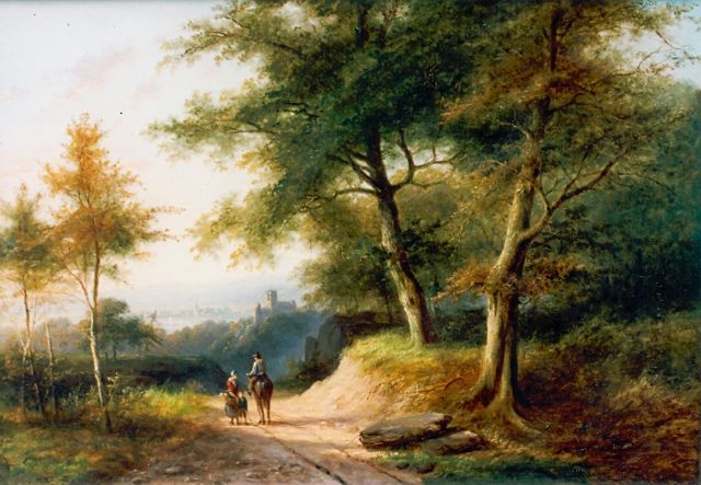 Morel I J.E.  | Travellers in a wooded landscape, oil on canvas 36.0 x 52.0 cm, signed l.r.