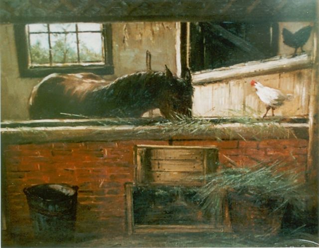 Hendrik Willem Mesdag | Horse-stable, oil on canvas laid down on panel, 28.2 x 36.0 cm, signed monogram l.l.