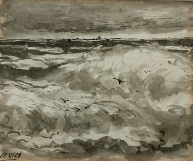 Hendrik Willem Mesdag | Seascape, pen and ink on paper, 15.7 x 18.8 cm, signed l.l. with monogram