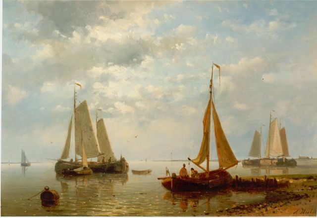 Abraham Hulk | Sailing boats in an estuary, oil on panel, 17.3 x 25.4 cm, signed l.r.