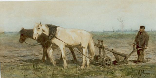 Anton Mauve | A ploughing farmer, watercolour on paper, 20.2 x 37.0 cm, signed l.r.