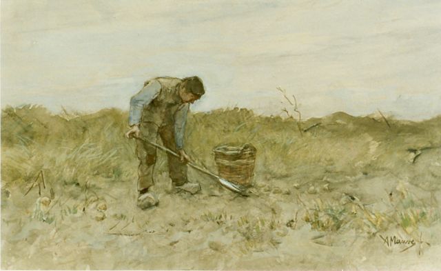 Anton Mauve | A farmer digging  potatoes, watercolour on paper, 27.5 x 45.0 cm, signed l.r.