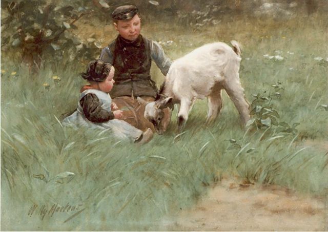 Martens W.  | Children playing with a goat, watercolour on paper 40.6 x 49.8 cm, signed l.l.