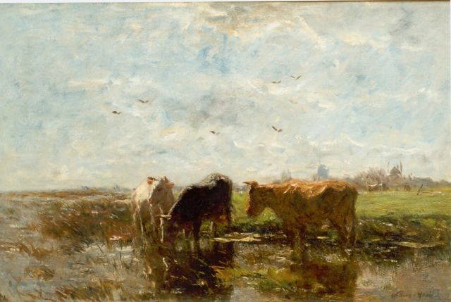 Willem Maris | Watering cows in a polder landscape, oil on canvas, 58.0 x 88.0 cm, signed l.r.