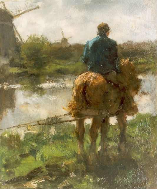 Maris J.H.  | A polder landscape with a rider on a path, oil on panel 26.7 x 22.5 cm, signed l.r.