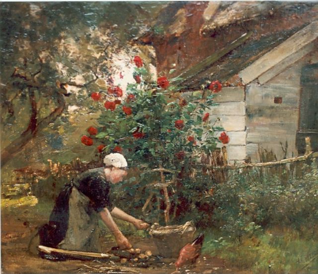 Mélis H.J.  | Feeding the chicken, oil on canvas 36.5 x 45.3 cm, signed l.r.