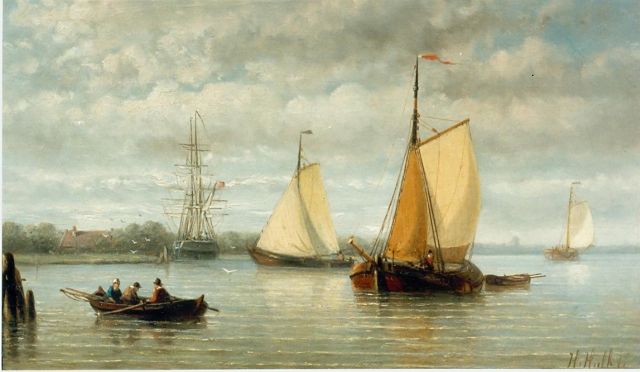 Hendrik Hulk | Shipping in a calm, oil on canvas, 18.0 x 30.0 cm, signed l.r.