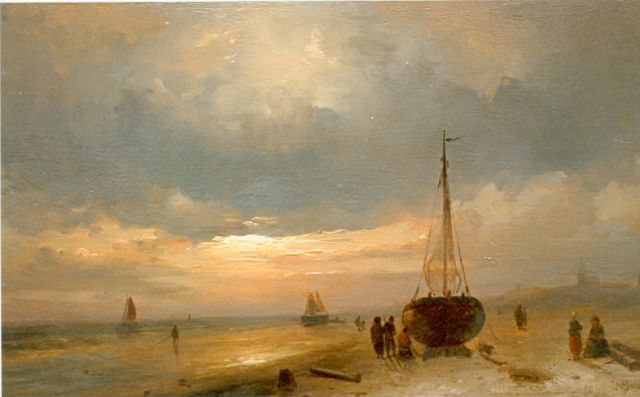 Charles Leickert | Figures on the beach at sunset, oil on panel, 17.3 x 29.8 cm, signed l.r.