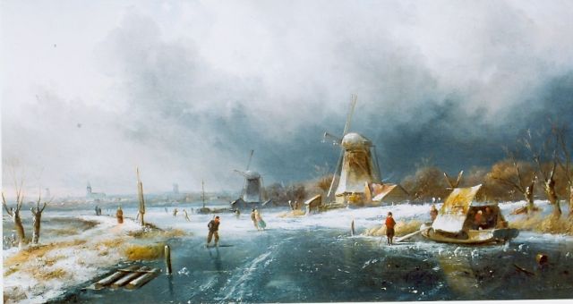 Charles Leickert | Skaters on a frozen waterway, oil on panel, 300.0 x 420.0 cm, signed l.r.