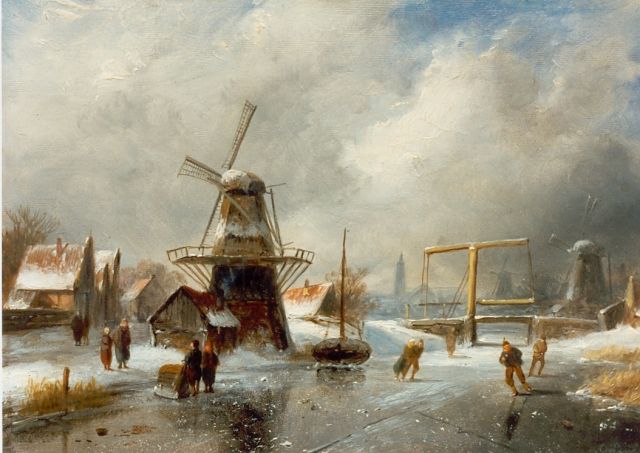 Charles Leickert | Skaters on the ice, Overtoom Amsterdam, oil on panel, 18.0 x 26.5 cm, signed l.r.