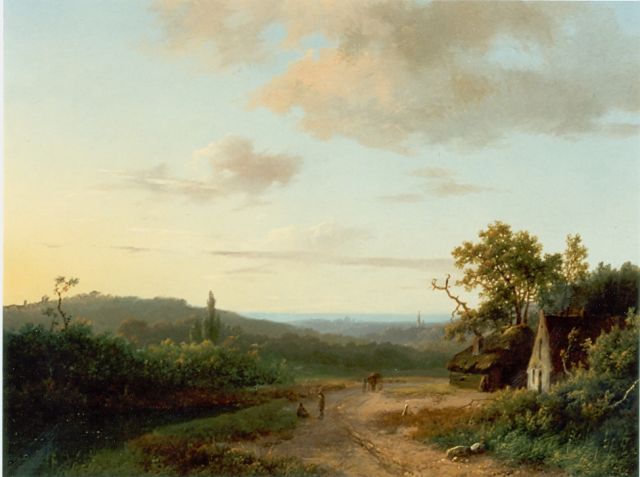 Koekkoek I M.A.  | Landscape with a farm at dawn, oil on panel 20.7 x 26.5 cm, signed l.c.