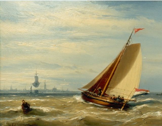 Koekkoek J.H.B.  | Shipping, the Zuiderzee, oil on panel 20.8 x 27.6 cm, signed l.l.