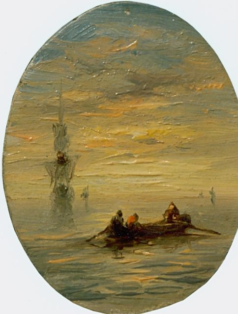 Jan H.B. Koekkoek | Figures in a barge at sunset, oil on panel