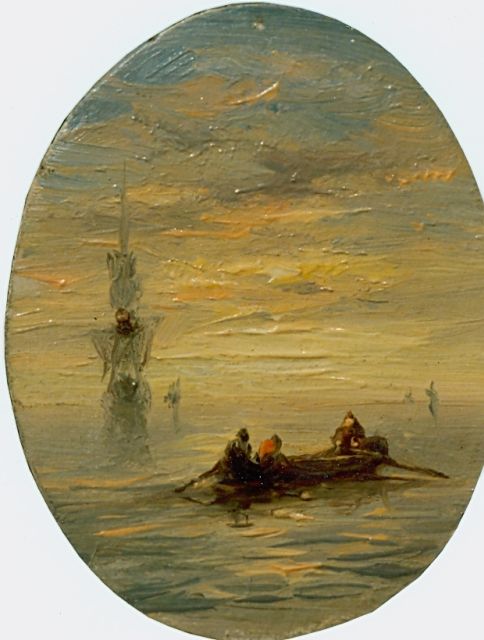 Koekkoek J.H.B.  | Figures in a barge at sunset, oil on panel