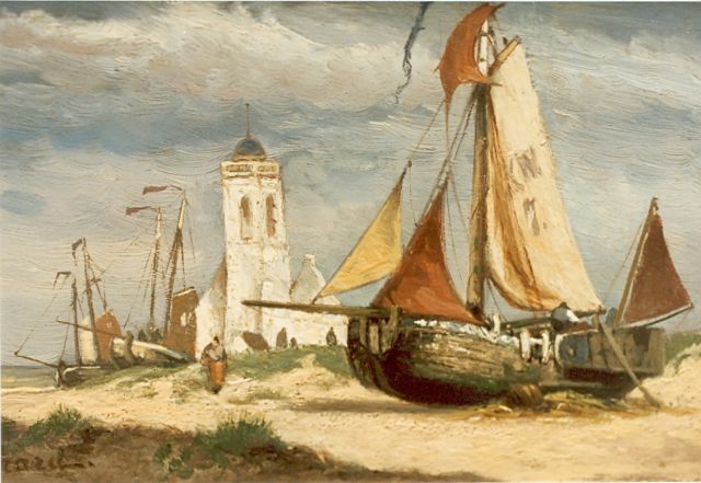 Koekkoek G.J.  | Fishing boats on beach, Katwijk, oil on panel 14.5 x 21.5 cm, signed l.l.