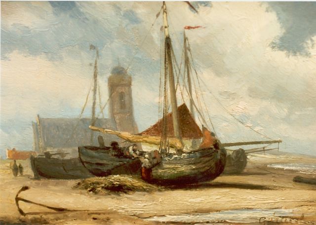 Gerard Koekkoek | Beached boats, Katwijk, oil on panel, 14.6 x 23.5 cm, signed l.l.