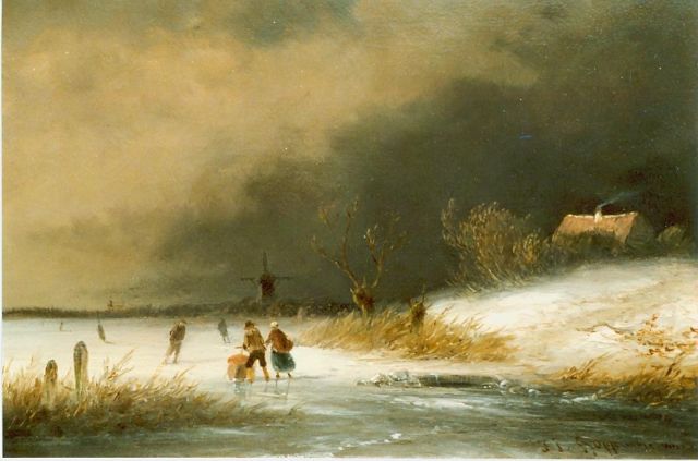 Hoppenbrouwers J.F.  | Skaters on the ice at dusk, oil on panel 15.5 x 21.5 cm, signed l.r.