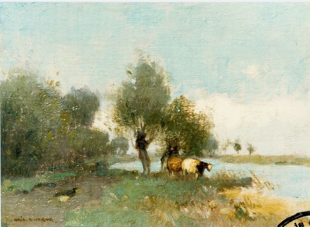 Knikker A.  | A river landscape, oil on canvas laid down on panel 15.4 x 21.0 cm, signed l.l.