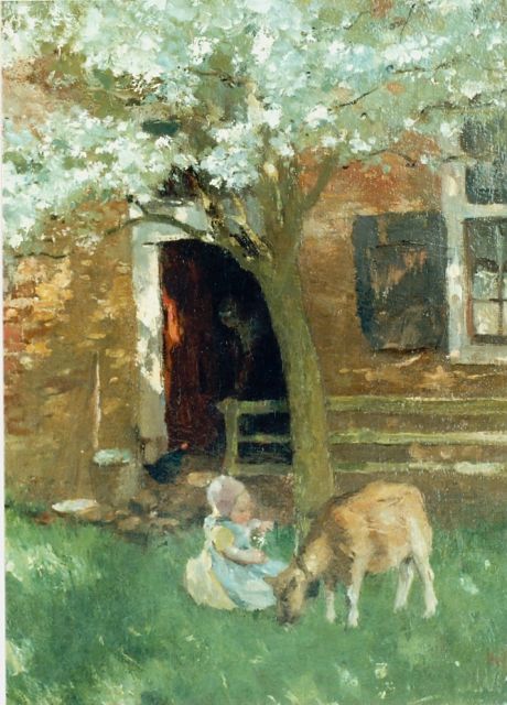 Neuhuys J.A.  | A yard with a girl and goat, oil on canvas 50.5 x 38.8 cm, signed l.r.