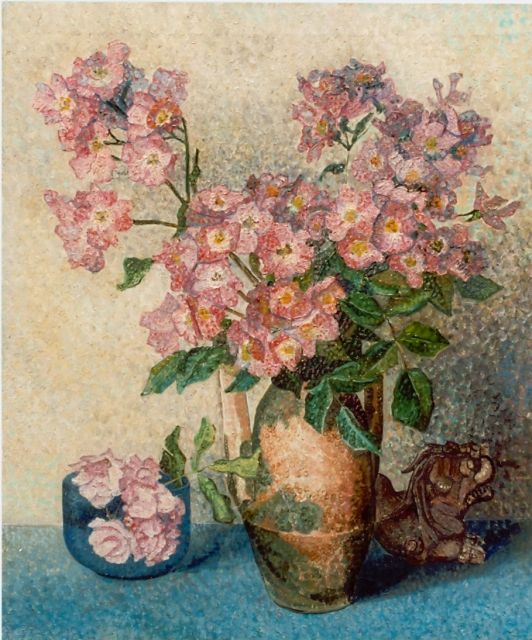 Nieweg J.  | Pink flowers in a vase, oil on canvas 59.5 x 50.0 cm, signed l.r.