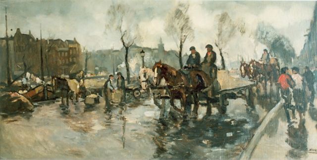 Cor Noltee | Horses on canal, oil on canvas, 50.0 x 100.0 cm, signed l.r.