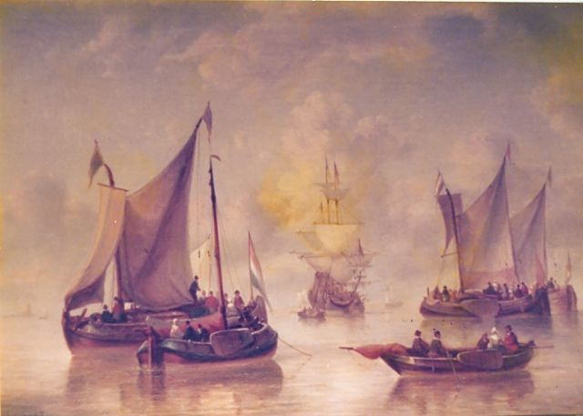 George Willem Opdenhoff | Shipping in a calm, oil on panel, signed l.l.