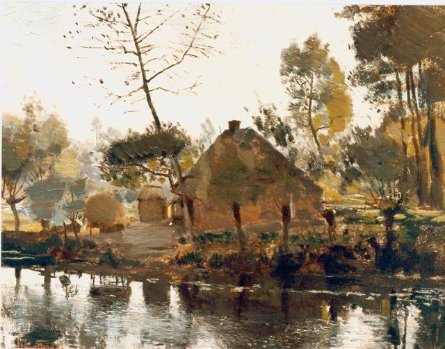 Frans Oerder | A farm along a waterway, oil on cardboard, 27.9 x 35.7 cm, signed l.l.