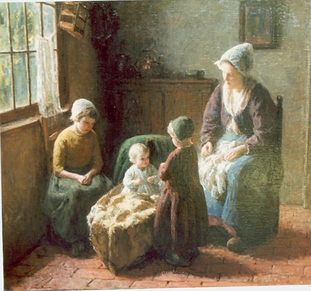 Bernard Pothast | Interior with mother and children, oil on canvas, 71.0 x 81.5 cm, signed l.r.