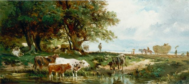 Prooijen A.J. van | Watering cows, oil on panel 14.9 x 33.0 cm, signed l.r.